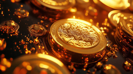 Golden Chinese coins and ingots symbolizing prosperity and wealth, perfect for Chinese New Year, feng shui, and financial themes