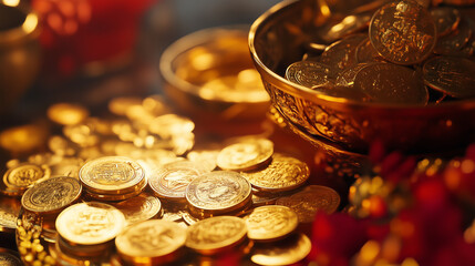 Golden Chinese coins and ingots symbolizing prosperity and wealth, perfect for Chinese New Year, feng shui, and financial themes