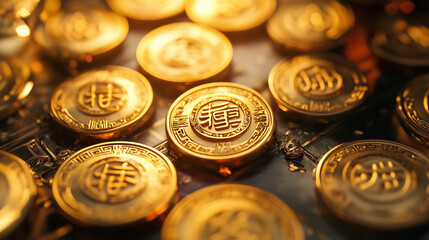 Golden Chinese coins and ingots symbolizing prosperity and wealth, perfect for Chinese New Year, feng shui, and financial themes