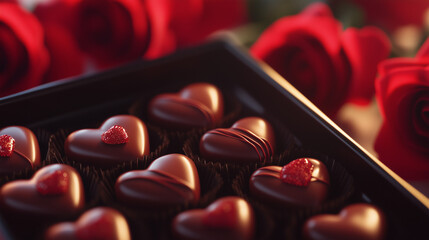 Heart-shaped chocolates elegantly arranged in a luxury gift box, surrounded by red roses. A perfect romantic treat for Valentine's Day, anniversaries, and special occasions