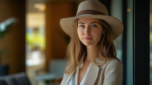 Elegant young woman in a stylish hat standing in a modern indoor space