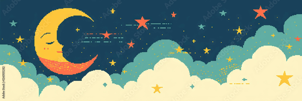 Poster stylized moon with sleeping face and twinkling stars in pixel art banner background