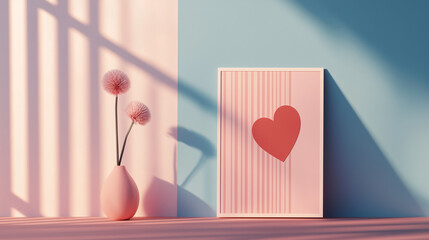 Minimalist Valentine's Day card with pastel colors featuring a heart shape and soft shadows. Aesthetic modern design ideal for romantic occasions, greeting cards, and love-themed decorations