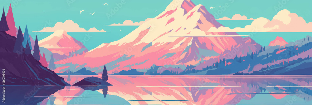 Poster stylized mountains create tranquil reflections in a clear lake at twilight