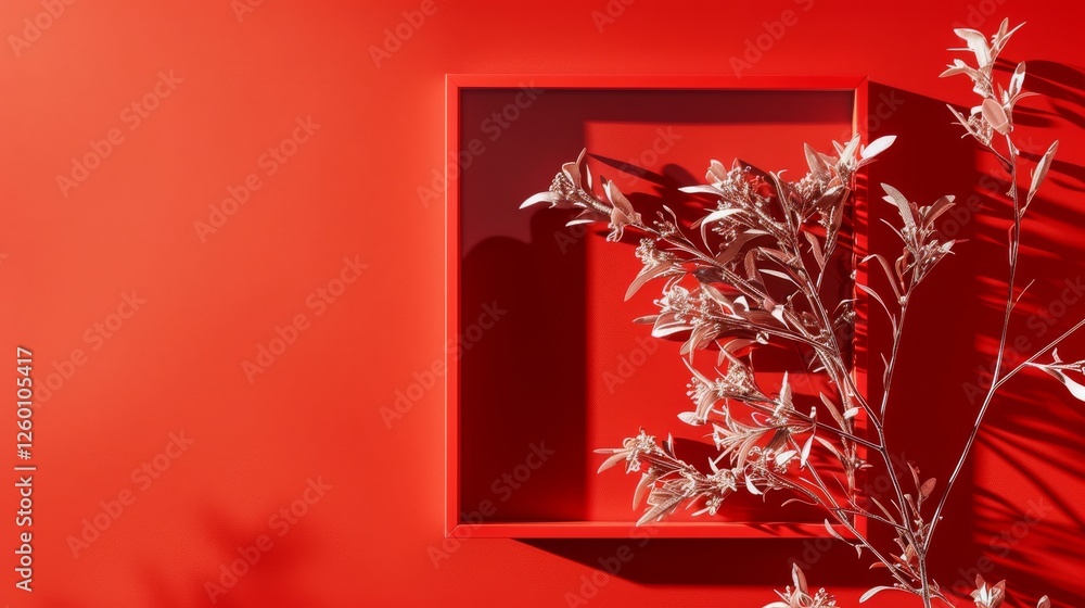 Poster a striking red background with a rectangular frame and delicate floral shadows, creating a minimalis