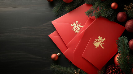 Elegant red envelopes with golden Chinese calligraphy, symbolizing prosperity and good fortune, perfect for Chinese New Year celebrations and festive gift-giving