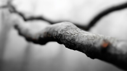 Detailed close-up of a weathered tree branch in a foggy environment showcasing texture and depth