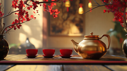 Elegant traditional Chinese tea ceremony with a golden teapot and red tea cups, set on a wooden table with festive decorations and soft lighting