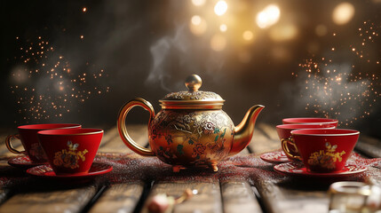 Elegant traditional Chinese tea ceremony with a golden teapot and red tea cups, set on a wooden table with festive decorations and soft lighting