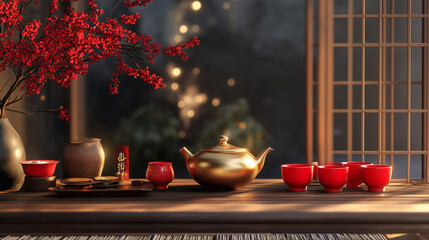 Elegant traditional Chinese tea ceremony with a golden teapot and red tea cups, set on a wooden table with festive decorations and soft lighting