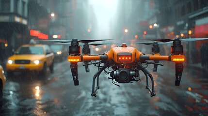 Obraz premium Drone flying over rainy city street, urban photography, aerial view