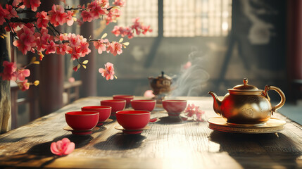 Elegant traditional Chinese tea ceremony with a golden teapot and red tea cups, set on a wooden table with festive decorations and soft lighting