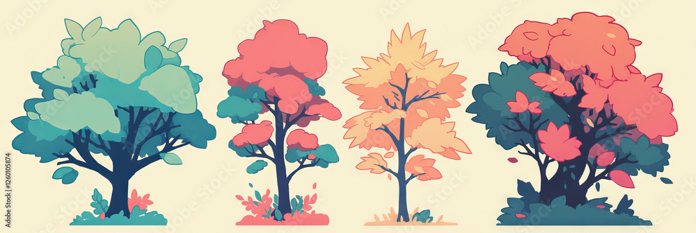 Aufkleber Stylized trees displaying diverse colors and shapes in artistic design