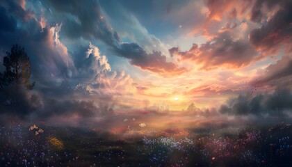 Fototapeta premium A peaceful meadow at sunrise, with soft golden light illuminating the vibrant wildflowers and creating a serene, idyllic scene