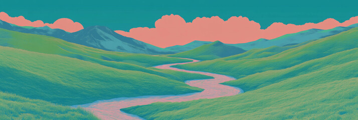 Obraz premium Stylized rivers meander through adorable pastel landscapes under soft clouds