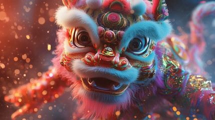 A vibrant close-up of a traditional Chinese lion dance costume, showcasing intricate details, fluffy textures, and golden decorations. Perfect for Lunar New Year, cultural celebrations, and festive th