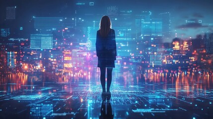 Fototapeta premium Woman Silhouette Against Digital Cityscape with Data Visualization