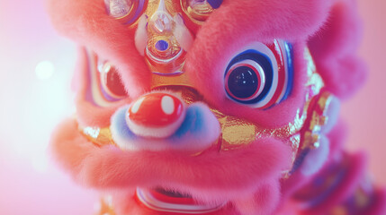 A vibrant close-up of a traditional Chinese lion dance costume, showcasing intricate details, fluffy textures, and golden decorations. Perfect for Lunar New Year, cultural celebrations, and festive th