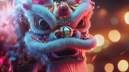 A vibrant close-up of a traditional Chinese lion dance costume, showcasing intricate details, fluffy textures, and golden decorations. Perfect for Lunar New Year, cultural celebrations, and festive th