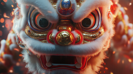 A vibrant close-up of a traditional Chinese lion dance costume, showcasing intricate details, fluffy textures, and golden decorations. Perfect for Lunar New Year, cultural celebrations, and festive th