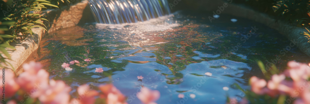 Poster small waterfall flows into heart-shaped pond surrounded by vibrant flowers in serene setting