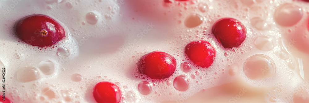 Poster Soy milk with cranberry halves creating ripples and foam for a modern food background