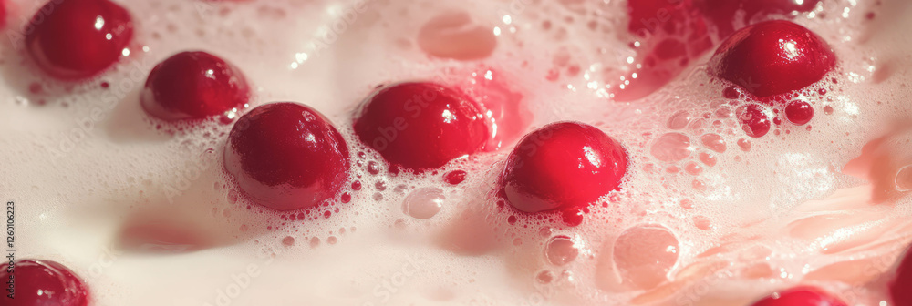 Poster Creative swirl of soy milk and cranberry halves with dynamic ripples and foam in fresh background