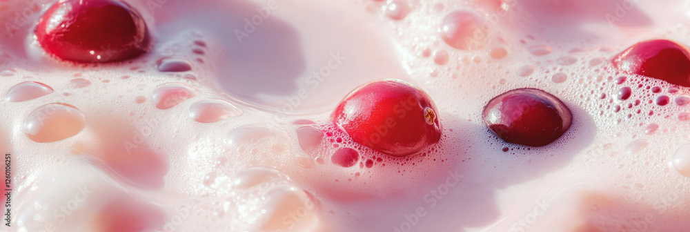 Poster cranberry halves create ripples in creamy soy milk with delicate foam texture