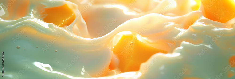 Poster Soy milk swirls with mango chunks creating beautiful ripples and shadows in a vibrant setting