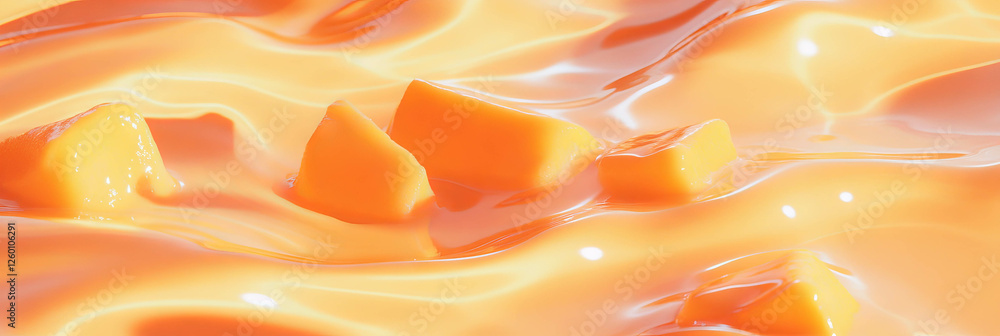 Poster Soy milk with mango chunks creating ripples and shadows in a vibrant background setting