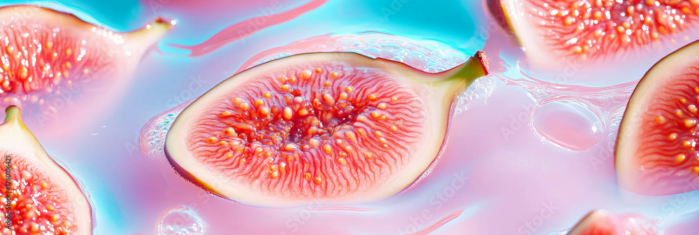 Poster Sliced fig gently resting in creamy soy milk creating calming ripples