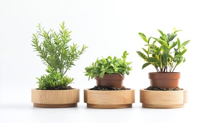 Fototapeta premium Three potted herbs on wooden stands, white background, home decor
