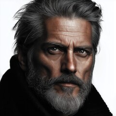 Man with striking features and gray hair gazing confidently against a plain background