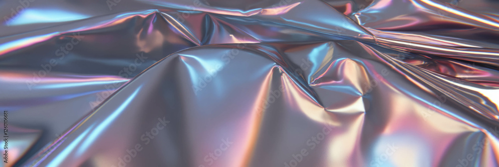 Poster stretching and shimmering spandex fabric with polished chrome texture and rubber elements at focus