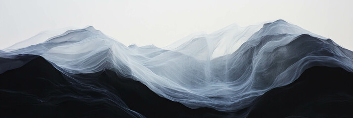 Mountains flow with stretched polyester and polished titanium in a serene landscape