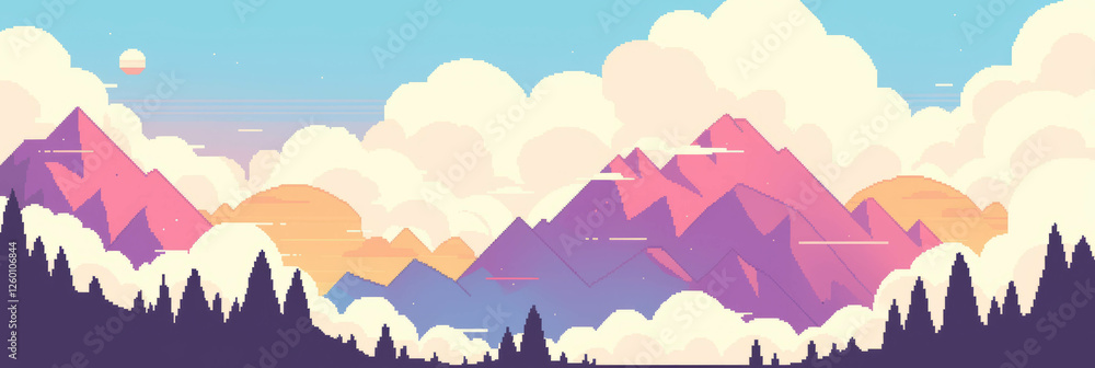 Poster stylized mountains with colorful rainbows and fluffy clouds create a vibrant landscape backdrop