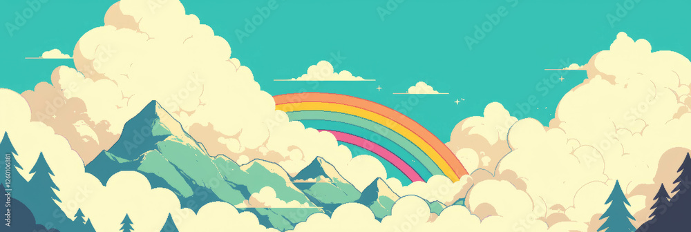 Poster colorful pixel art mountains with rainbow arcs and fluffy clouds create a vibrant background