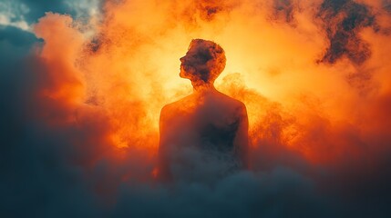 Obraz premium facing my faith silhouette of a man in orange smoke on a background of the sky
