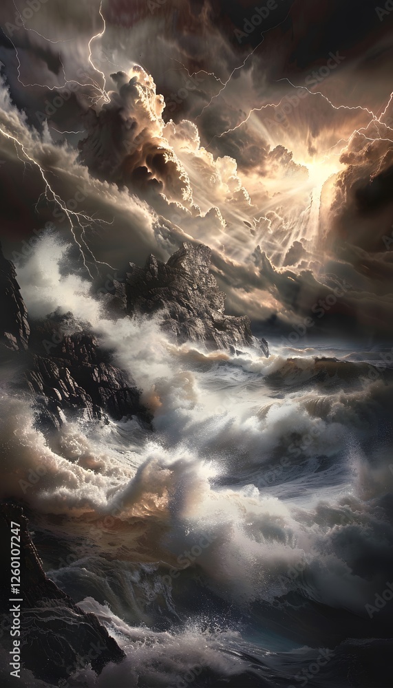 Poster a dramatic ocean storm with towering waves crashing against rugged cliffs and intense light breaking