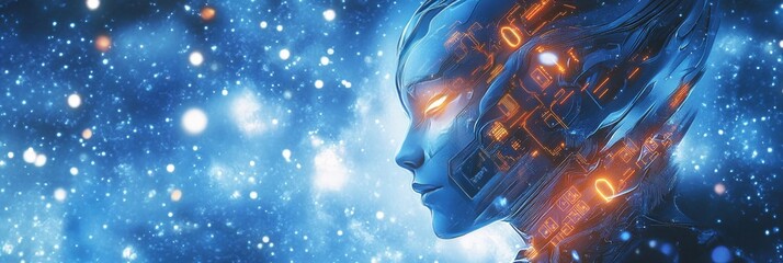 Cyberpunk Woman Futuristic Head with Glowing Circuit Board Details, Binary Code, on Blue Background