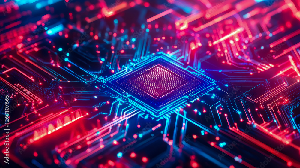 Poster futuristic chip: cyberpunk circuit board with glowing neural networks for tech