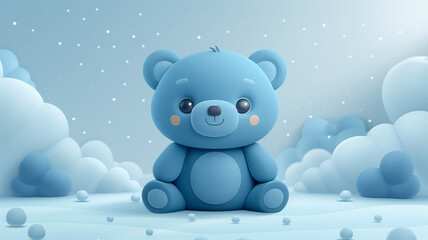 Adorable blue teddy bear in a soft cloud world. Ideal for baby shower invitations, nursery decor, or newborn greeting cards. Cute, warm, and dreamy design.