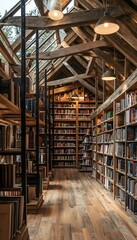 Obraz premium A cozy bookstore interior filled with warm wooden shelves, stacks of books, and soft ambient lighting creating a nostalgic and inviting atmosphere