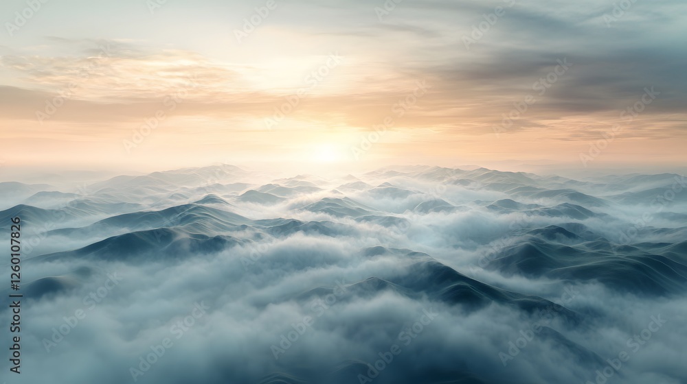 Poster a serene aerial view of rolling hills covered in mist, with soft morning light creating a tranquil a