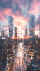 Fototapeta premium A dynamic urban skyline at twilight, with reflective glass buildings glowing under a vivid gradient sky and bustling streets below