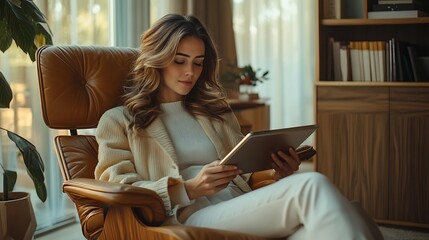 Obraz premium A self-assured woman in an upscale home office, leaning back in her designer chair, scrolling through her successful online store on a tablet. The room features sleek wooden tones,