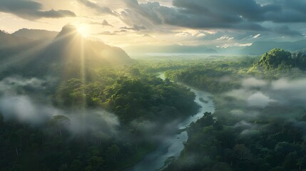 Naklejka premium A serene aerial view of a winding river cutting through dense tropical rainforest, with vibrant green canopies and soft sunlight filtering through misty clouds, creating an ethereal and tranquil