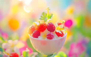 Delicious Dessert with Fresh Berries and Edible Flowers in a Bright Setting

