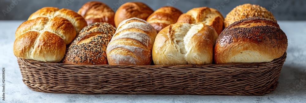 Poster this image features a beautifully arranged collection of colorful assorted bread rolls, showcasing s