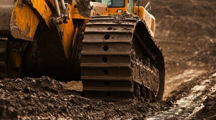 Mud Covered Bulldozer Track Moving Through Dirt